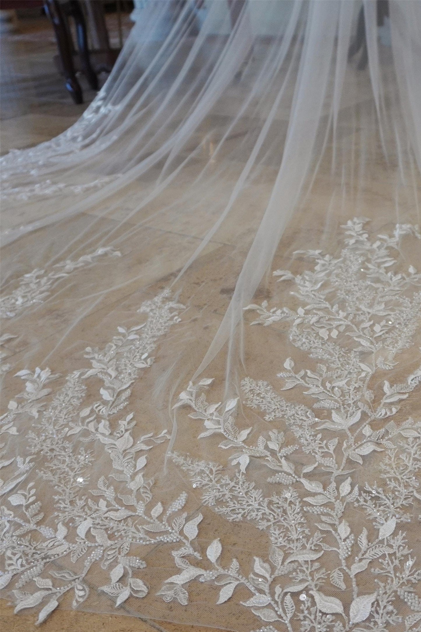 Luxury Cathedral-Length Wedding Veil with Embroidered Floral Lace