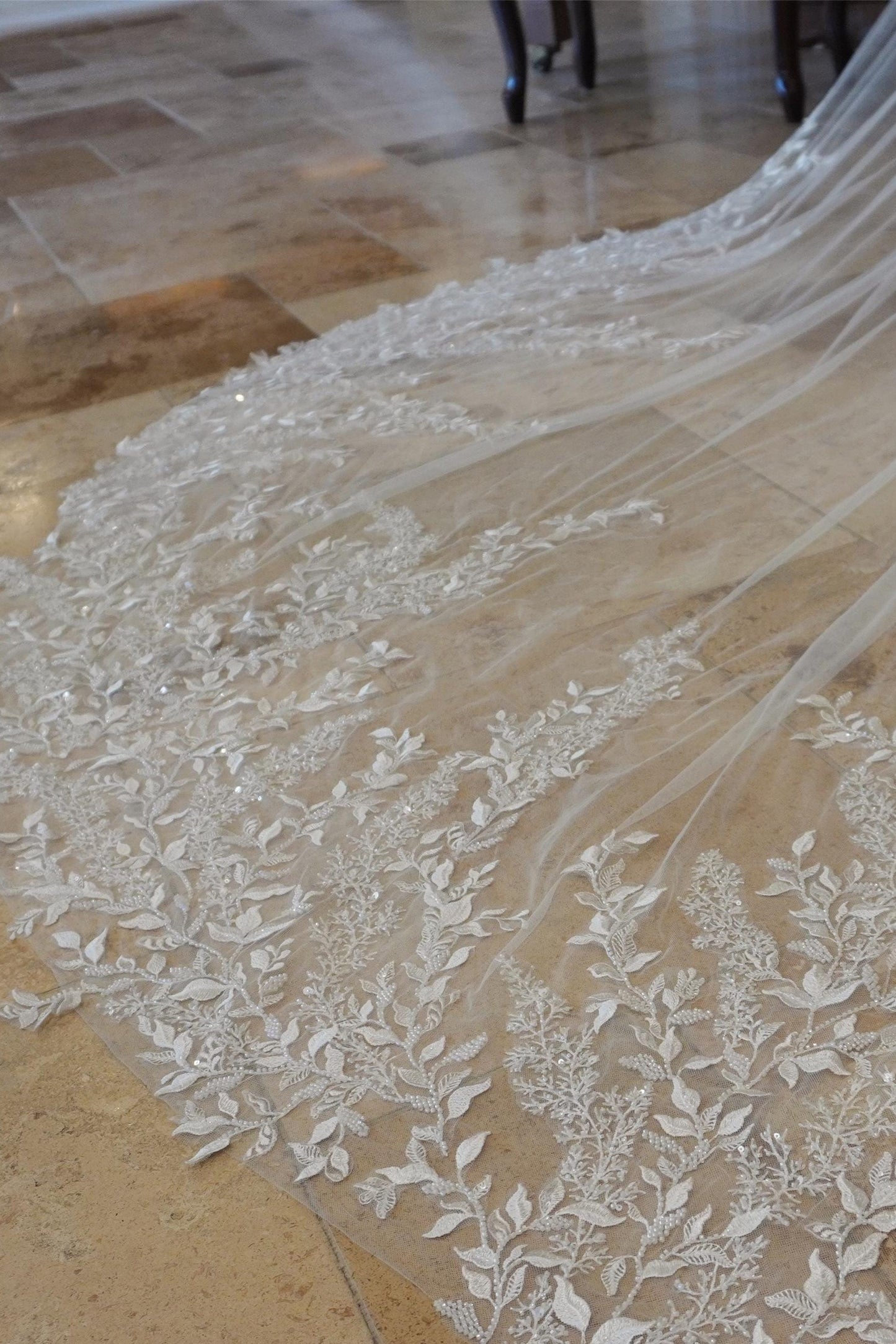 Luxury Cathedral-Length Wedding Veil with Embroidered Floral Lace