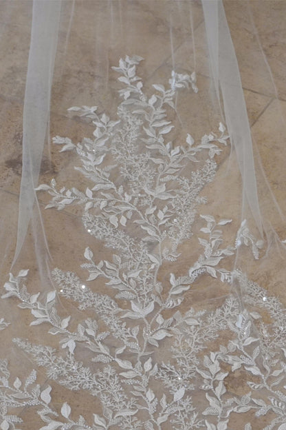 Luxury Cathedral-Length Wedding Veil with Embroidered Floral Lace