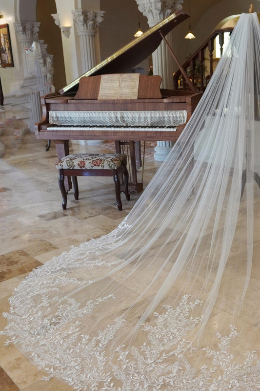 Luxury Cathedral-Length Wedding Veil with Embroidered Floral Lace