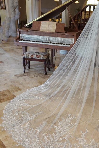 Luxury Cathedral-Length Wedding Veil with Embroidered Floral Lace