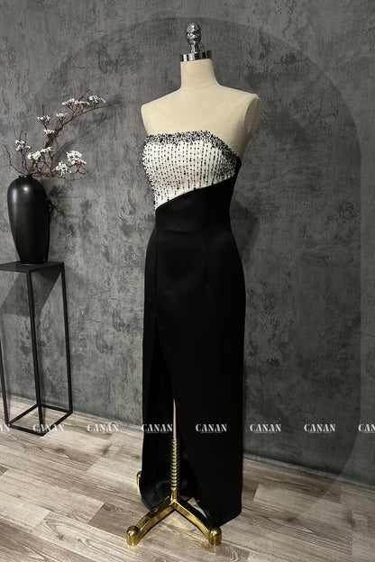 Eunice -Sleeveless Thigh-Slit Black Corset Evening Gown: Alluring Elegance for Special Occasions