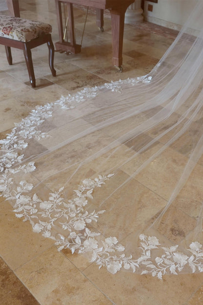 Romantic Cathedral Wedding Veil with Floral Lace Appliqué