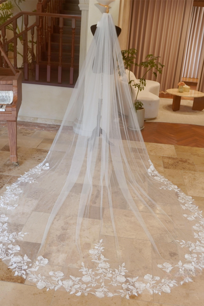 Romantic Cathedral Wedding Veil with Floral Lace Appliqué