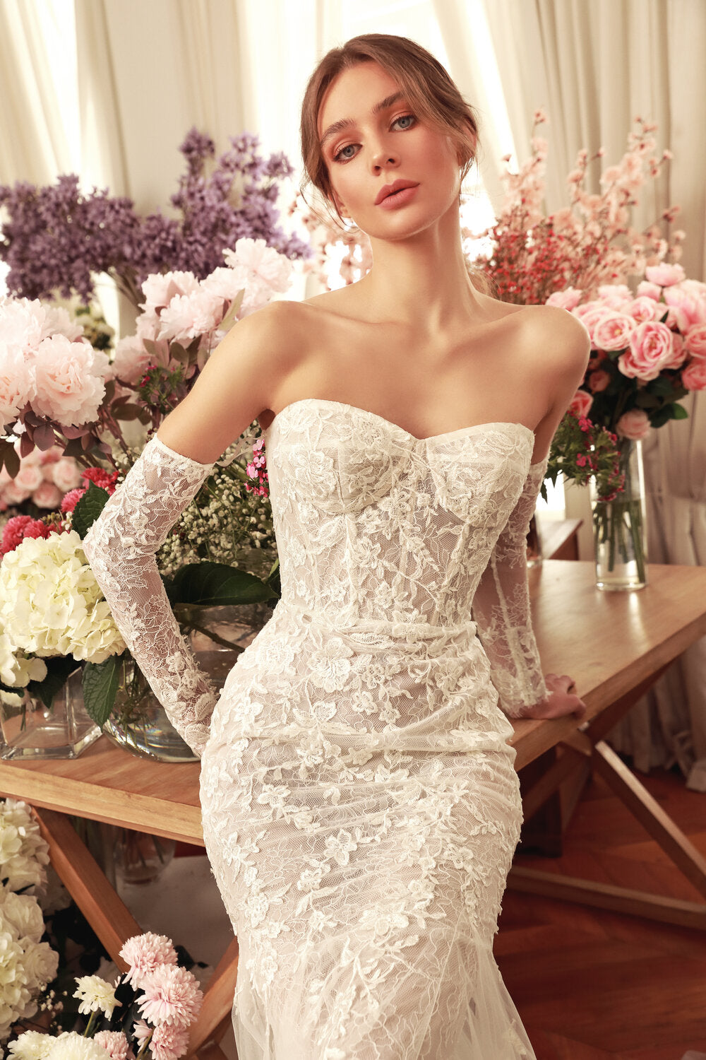Off-the-shoulder corset wedding dress, Floral lace mermaid wedding dress