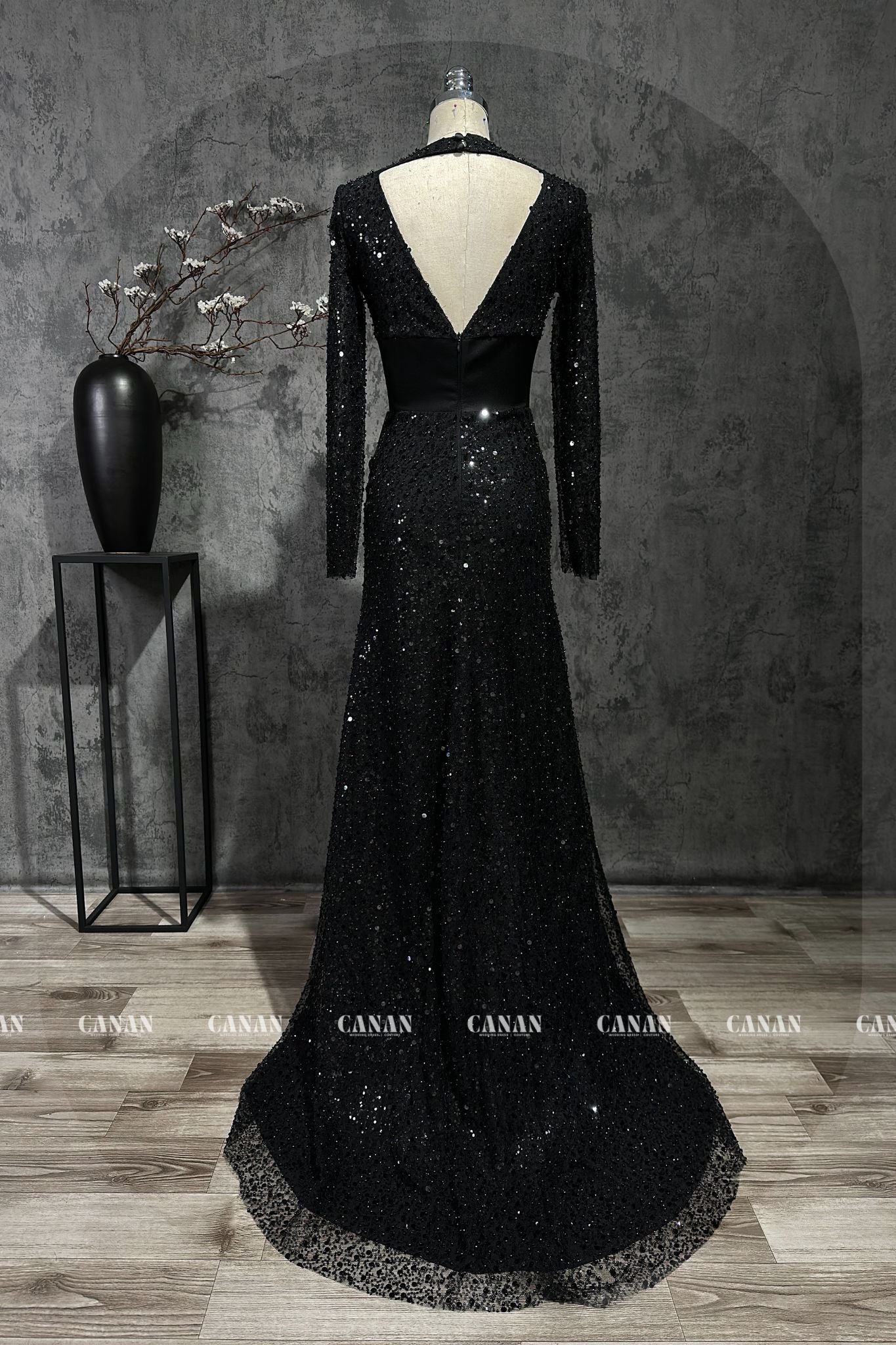 Elegant and Classy Black Sheath Dress with Sparkling Long Sleeves