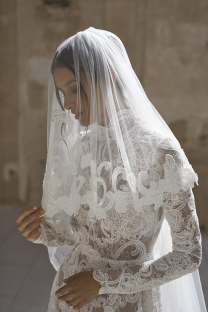 White boho wedding dress, Elegant mermaid wedding dress with lace floral