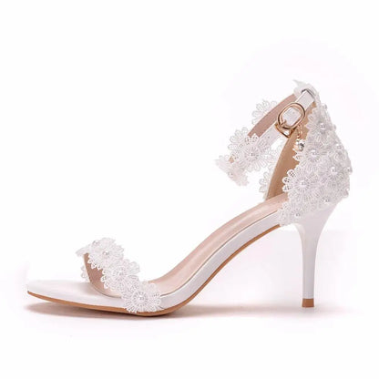 White Lace Wedding Shoes – Fish Mouth Platform Thin High Heels Bridal Pumps