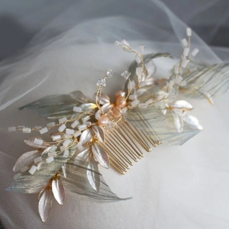 Metal Leaf & Pearl Crepe Bridal Hair Comb