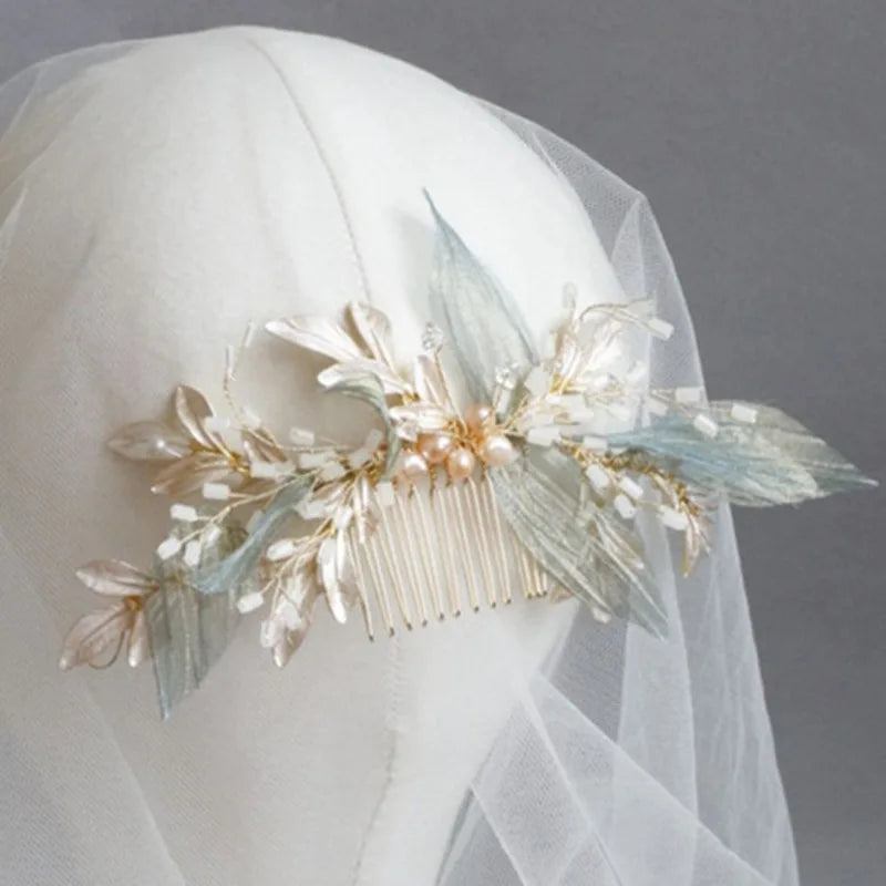 Metal Leaf & Pearl Crepe Bridal Hair Comb