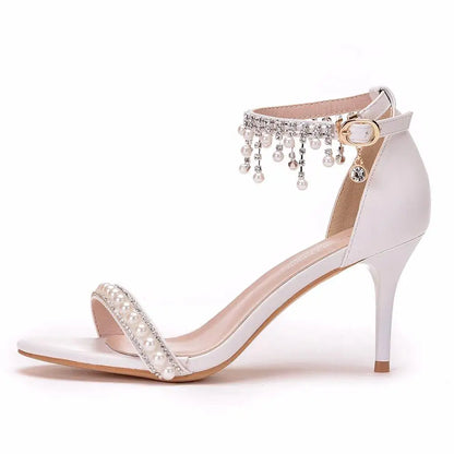 High Heel Pearl Sandals – Open-toed Stiletto Ankle Strap Party Pumps