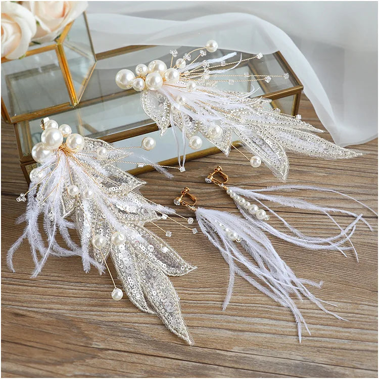 Feather Floral Bridal Tiara & Earrings Set