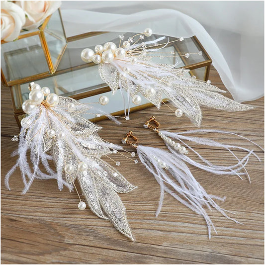 Feather Floral Bridal Tiara & Earrings Set