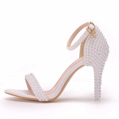 White Stiletto Wedding Shoes – Ankle Strap Open Toe High Heel Party Sandals