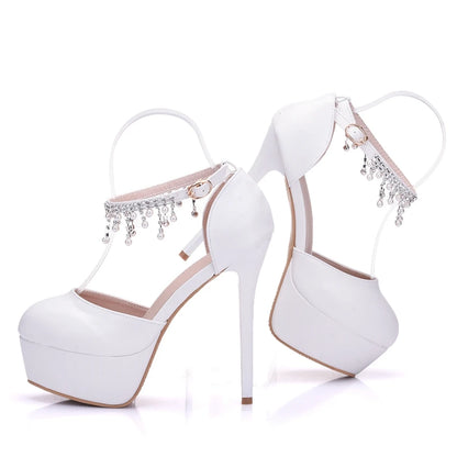 White Wedding Shoes – High Heel Round Toe Platform Ankle Pumps with Pearl