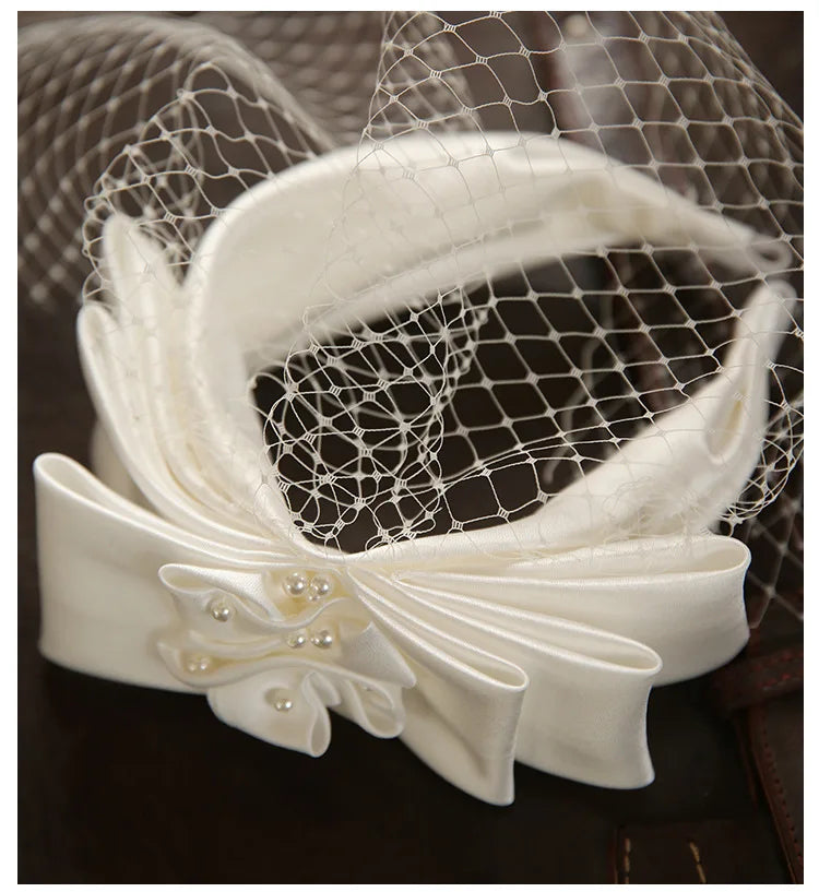 Vintage Champagne Mesh Bow Headband Bridal Headdress wedding hair Accessories