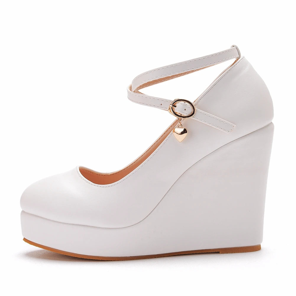 White Platform Wedge Pumps – Round Toe High Heels with Cross Ankle Strap (Large Sizes)