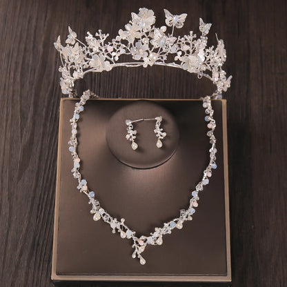 Luxury Crystal Pearl Butterfly Jewelry Set – Floral Rhinestone Choker, Earrings & Wedding Tiara