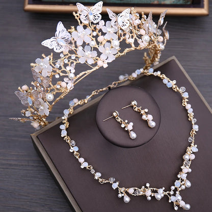 Luxury Crystal Pearl Butterfly Jewelry Set – Floral Rhinestone Choker, Earrings & Wedding Tiara