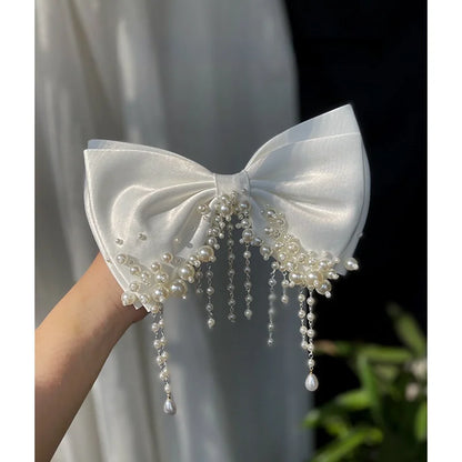 White Beaded Bow Bridal Hair Clip