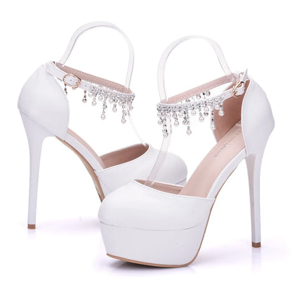 White Wedding Shoes – High Heel Round Toe Platform Ankle Pumps with Pearl