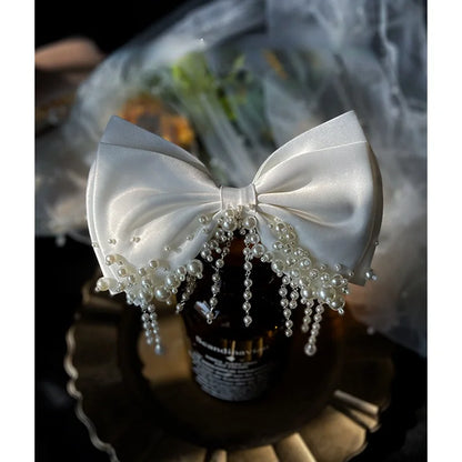 White Beaded Bow Bridal Hair Clip