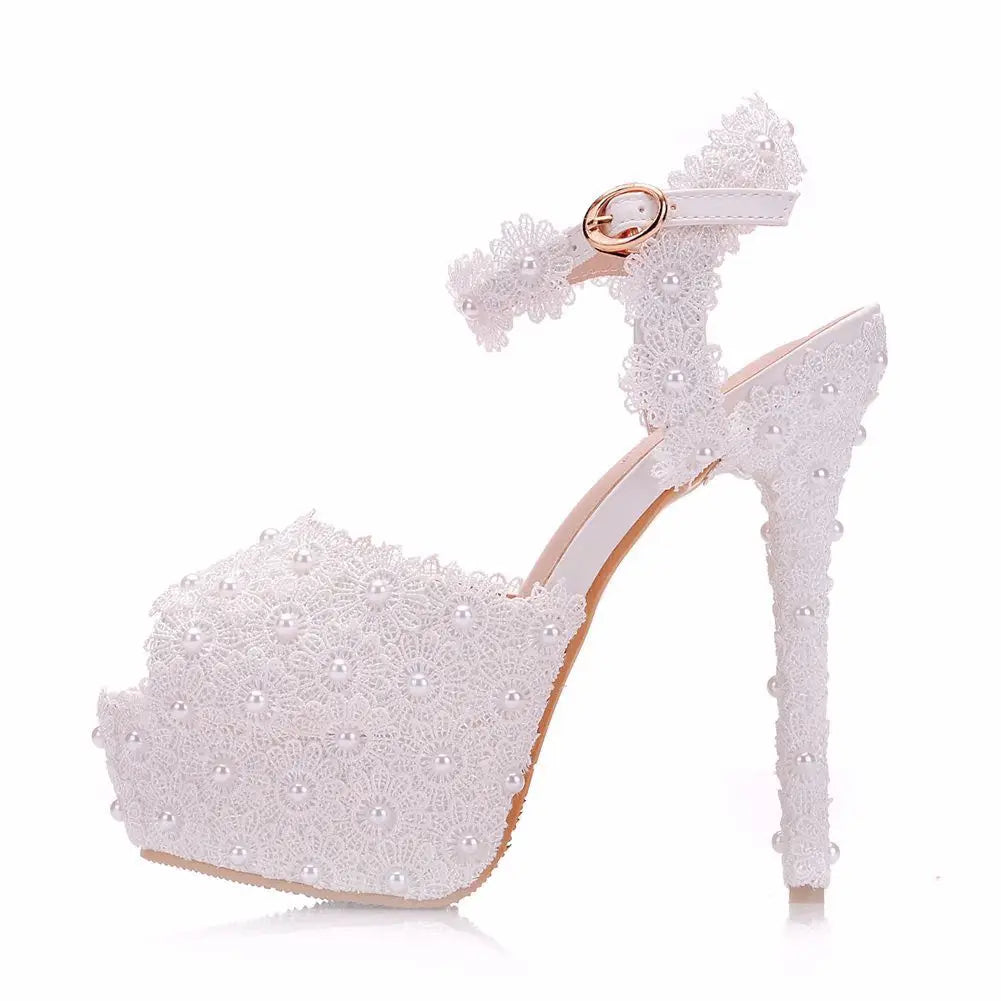 Lace & Pearl Embellished Platform Bridal Heels – High Stiletto Wedding Shoes