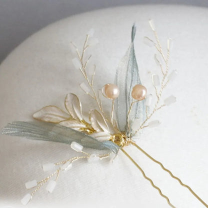 Metal Leaf & Pearl Crepe Bridal Hair Comb