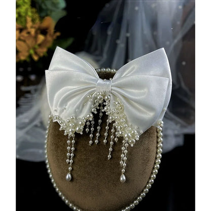 White Beaded Bow Bridal Hair Clip