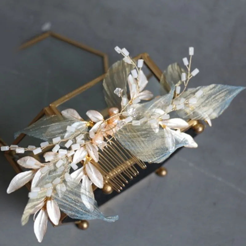 Metal Leaf & Pearl Crepe Bridal Hair Comb