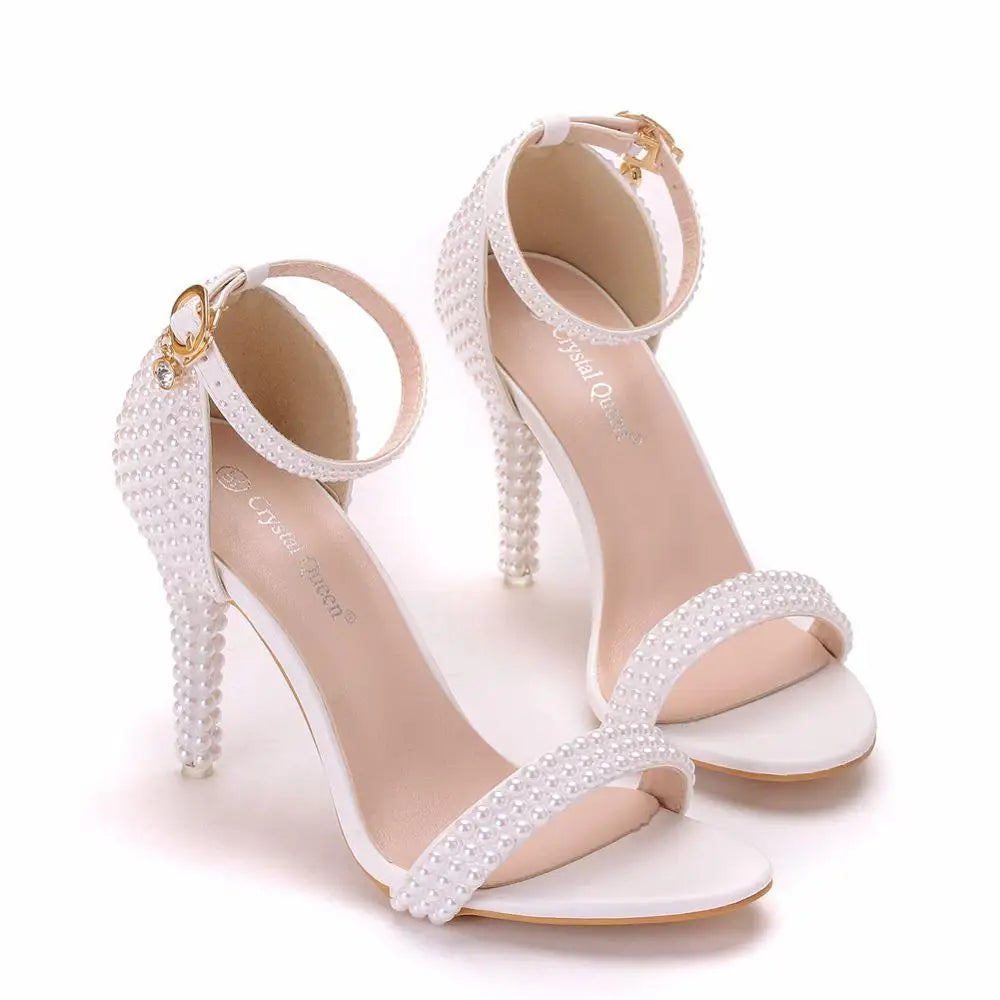 White Stiletto Wedding Shoes – Ankle Strap Open Toe High Heel Party Sandals