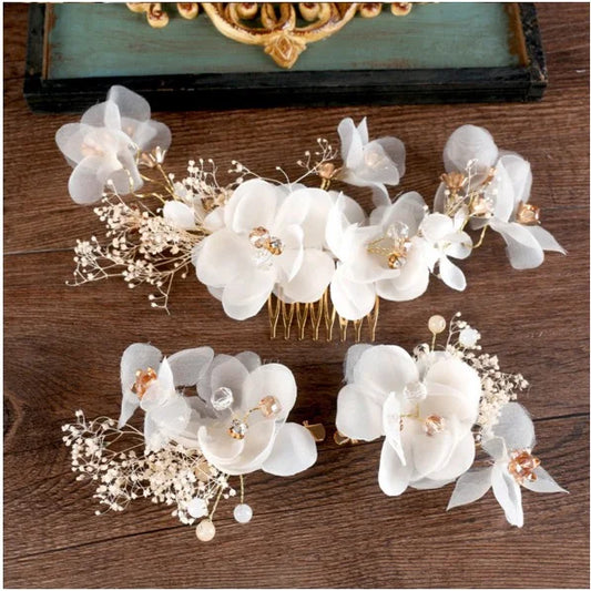 White Crepe Flower Bridal Hair Comb Set