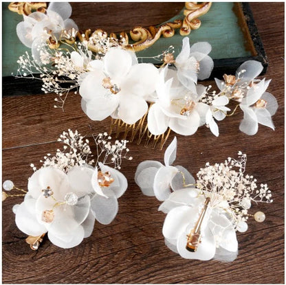 White Crepe Flower Bridal Hair Comb Set