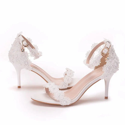 White Lace Wedding Shoes – Fish Mouth Platform Thin High Heels Bridal Pumps