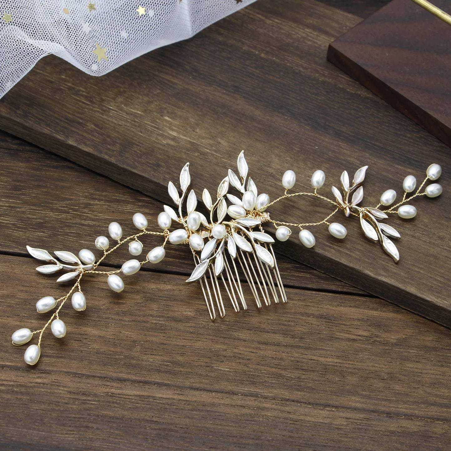 Metal Leaf & Pearl Crepe Bridal Hair Comb