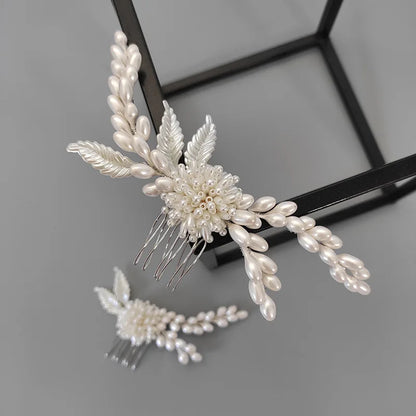 Metal Leaf & Pearl Crepe Bridal Hair Comb