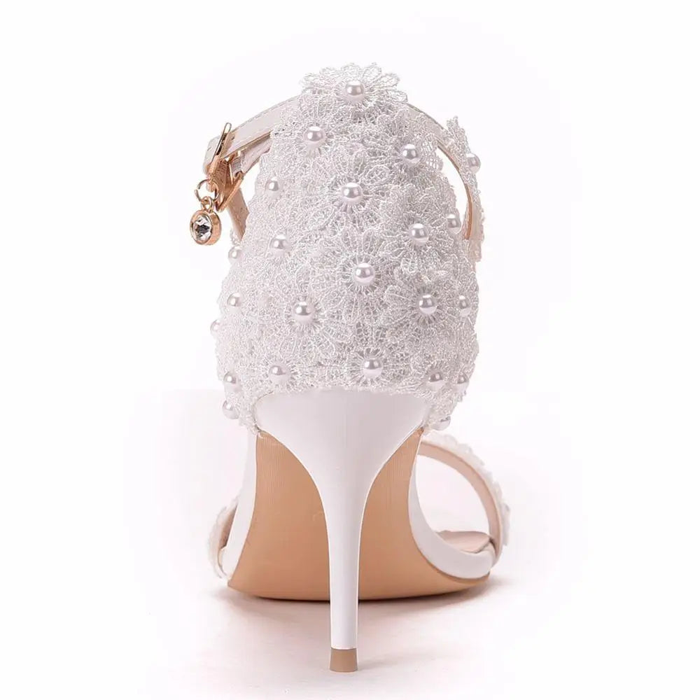 White Lace Wedding Shoes – Fish Mouth Platform Thin High Heels Bridal Pumps