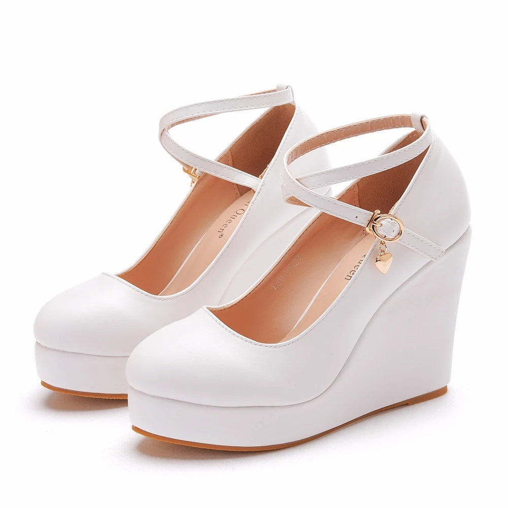 White Platform Wedge Pumps – Round Toe High Heels with Cross Ankle Strap (Large Sizes)