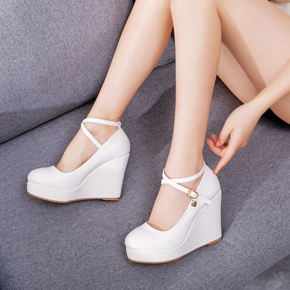 White Platform Wedge Pumps – Round Toe High Heels with Cross Ankle Strap (Large Sizes)