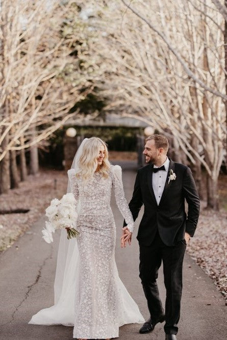 Long sleeve mermaid wedding dress with open back, Sparkly floral lace boho wedding dress