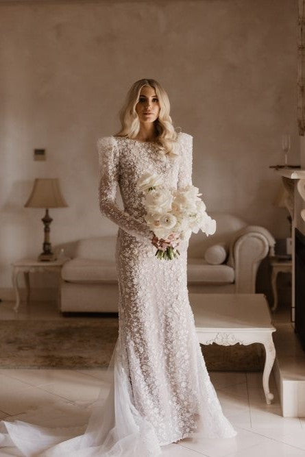 Long sleeve mermaid wedding dress with open back, Sparkly floral lace boho wedding dress