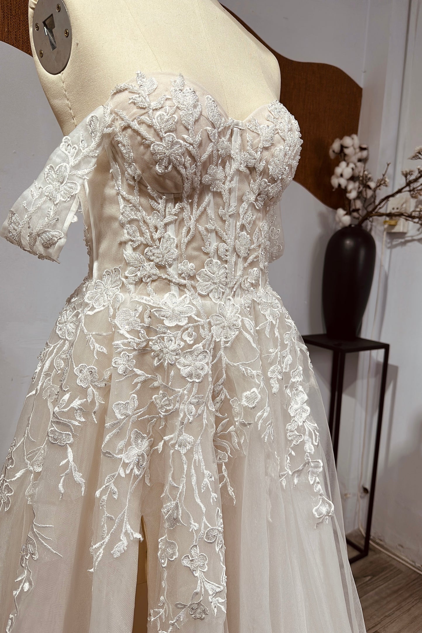 Romantic Off-Shoulder Lace Corset Wedding Dress with High Slit