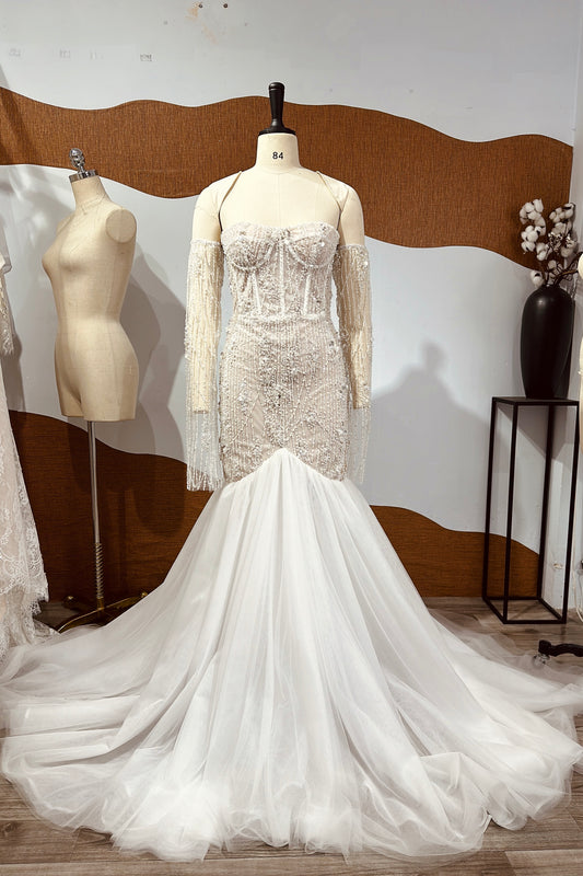 Luxury Handmade Beaded Corset Mermaid Wedding Dress with Detachable Sleeves