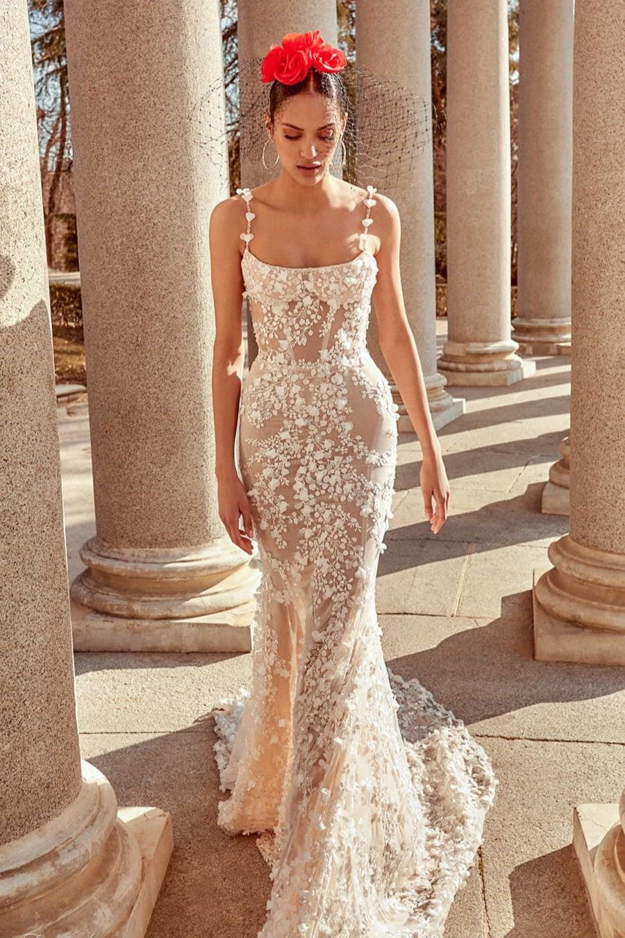 Floral lace mermaid wedding dress, 2 in 1 luxury mermaid wedding dress