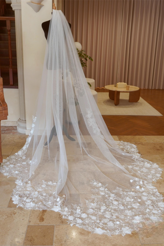 Luxurious Cathedral Wedding Veil with 3D Floral Appliqué & Embroidered Lace