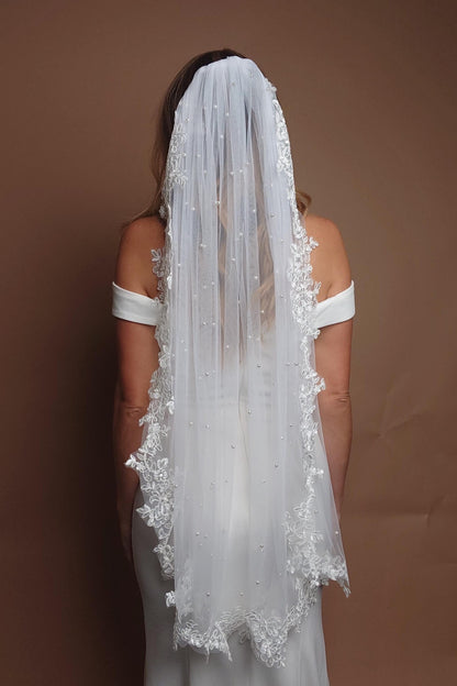 Elegant Fingertip Lace Wedding Veil with Pearls & Embroidered Edging