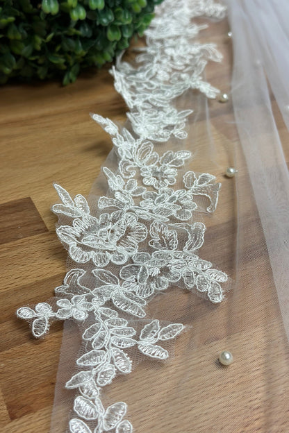 Elegant Fingertip Lace Wedding Veil with Pearls & Embroidered Edging