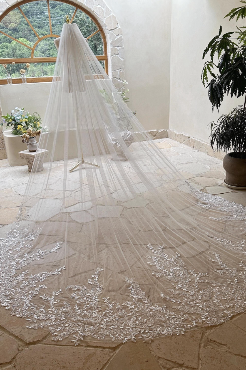 Luxe Cathedral Wedding Veil with Floral Lace Appliqué