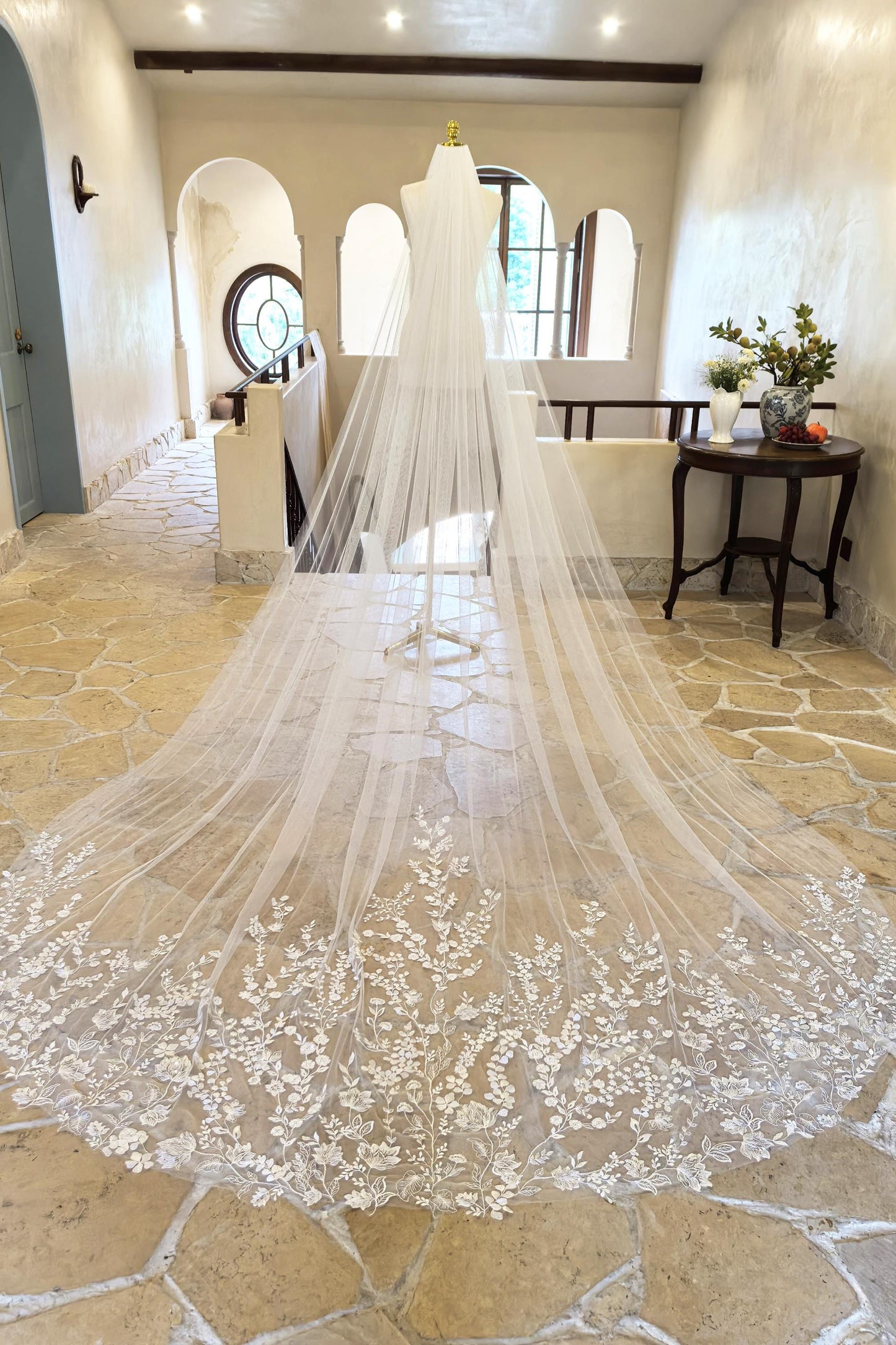 Exquisite Cathedral Wedding Veil with Floral Lace Embroidery