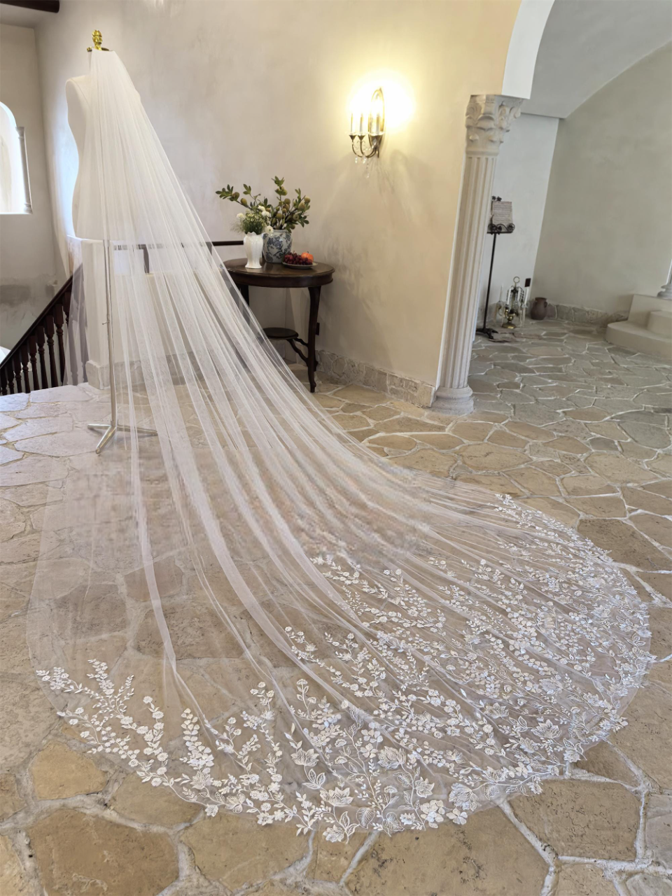 Exquisite Cathedral Wedding Veil with Floral Lace Embroidery